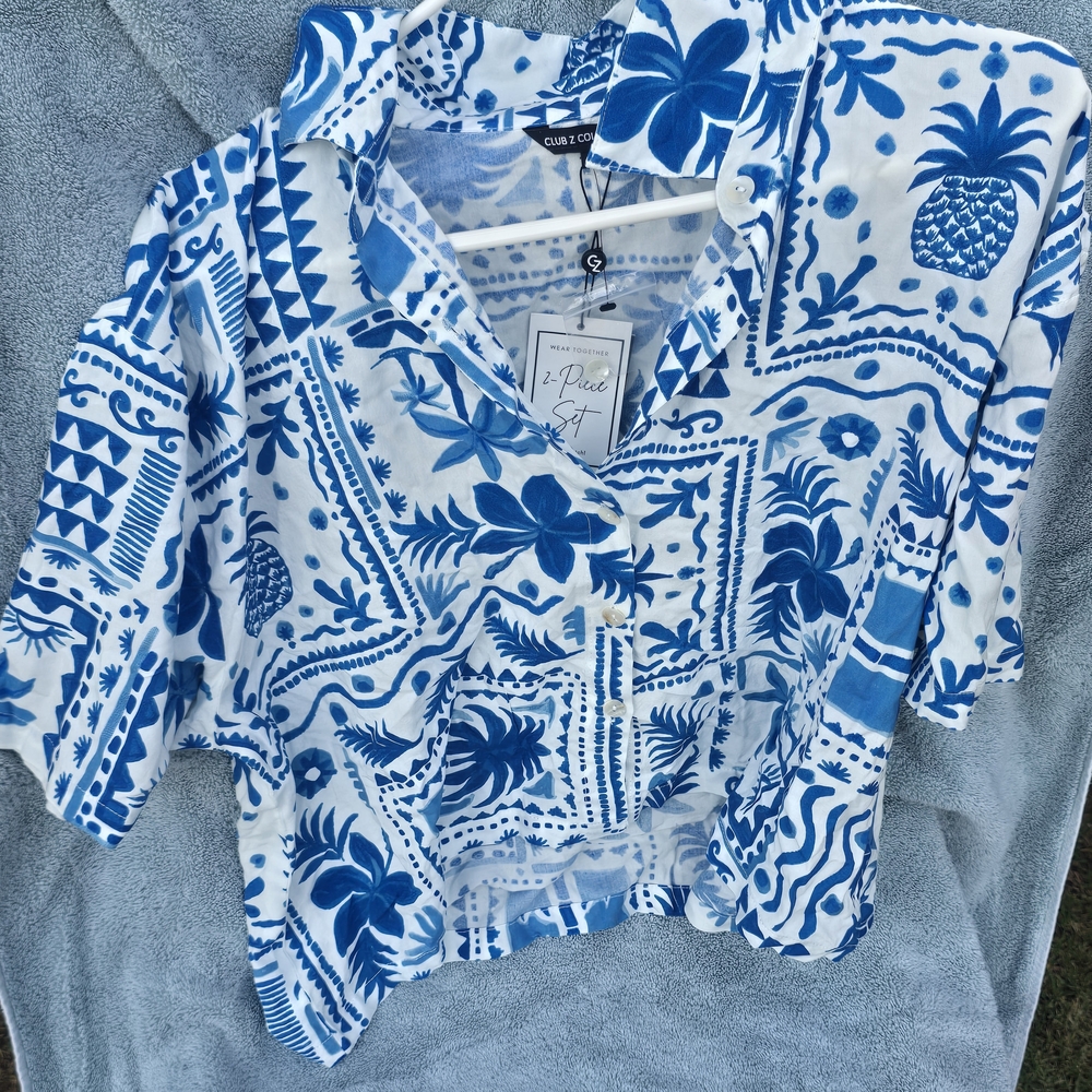 Club Z COLLECTION Blue & White Tropical Swim Coverup SET